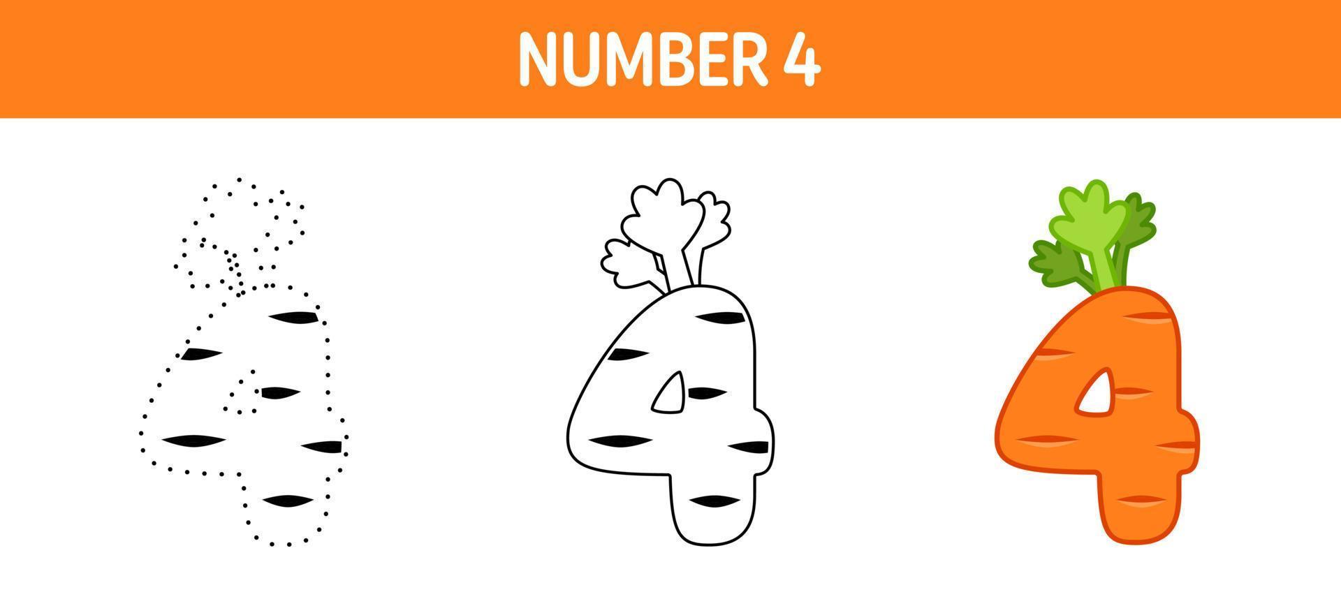 Number 4 tracing and coloring worksheet for kids vector