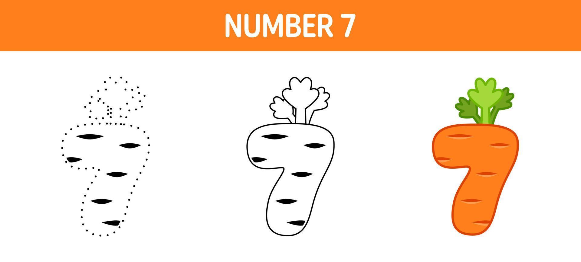 Number 7 tracing and coloring worksheet for kids vector