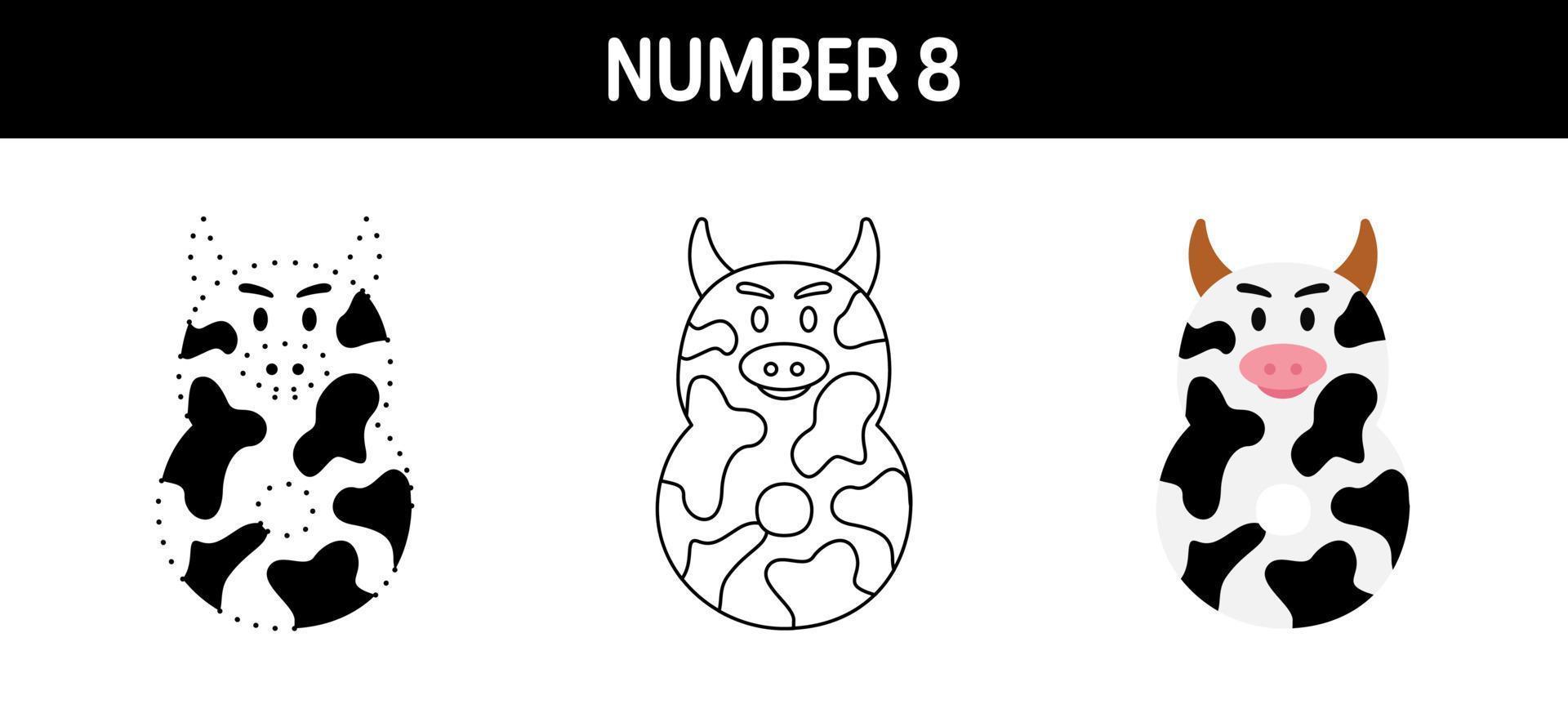 Number 8 tracing and coloring worksheet for kids vector