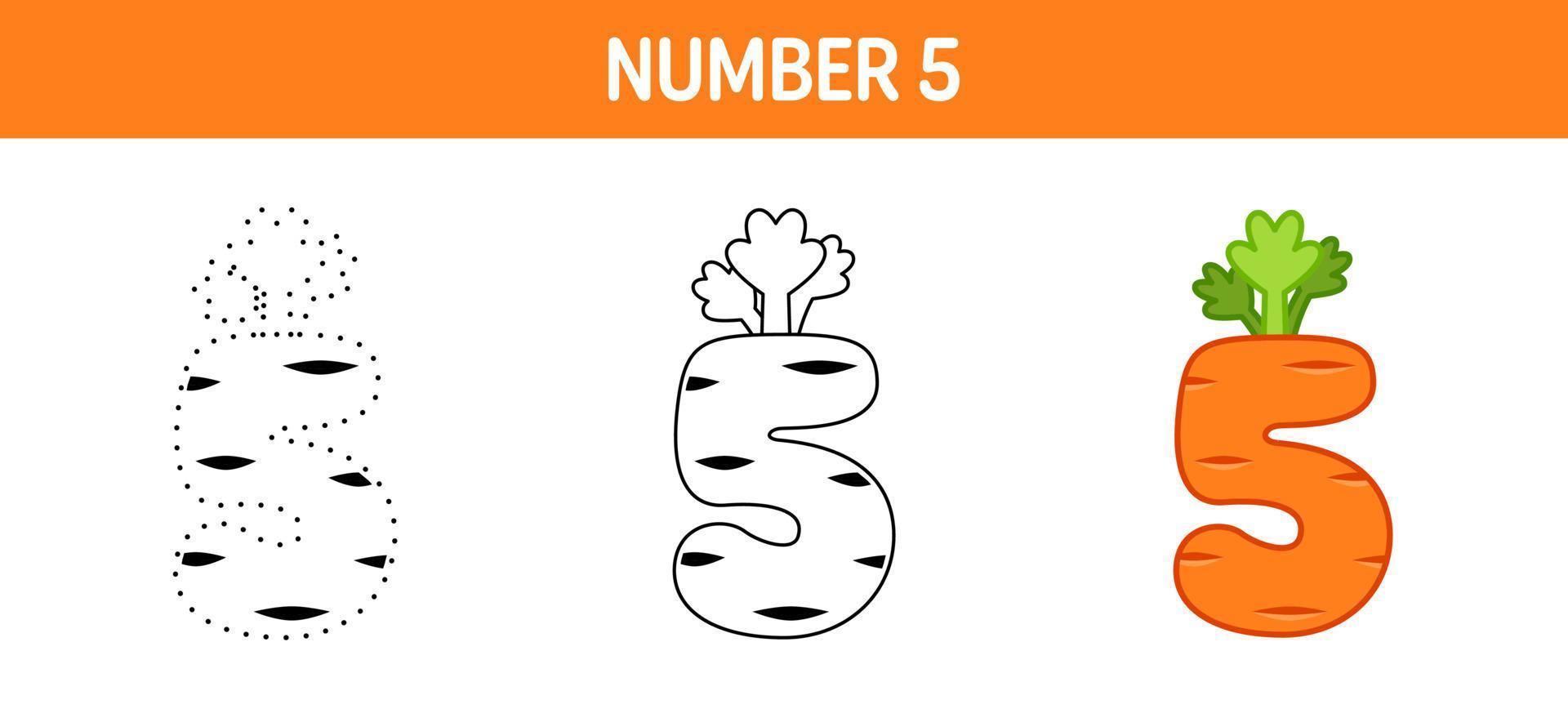 Number 5 tracing and coloring worksheet for kids vector