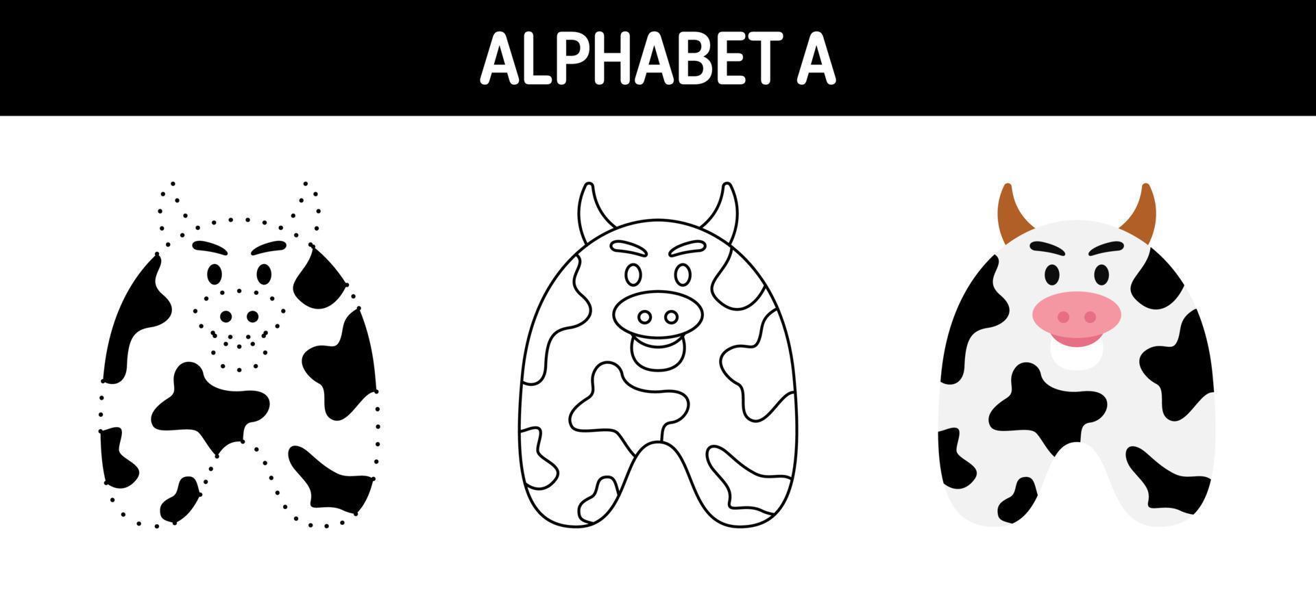 Alphabet A tracing and coloring worksheet for kids vector