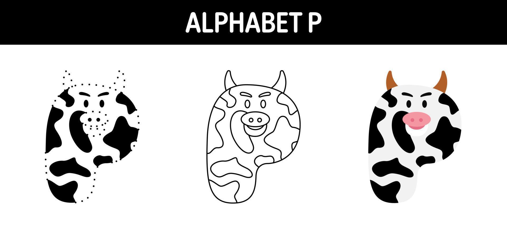 Alphabet P tracing and coloring worksheet for kids vector