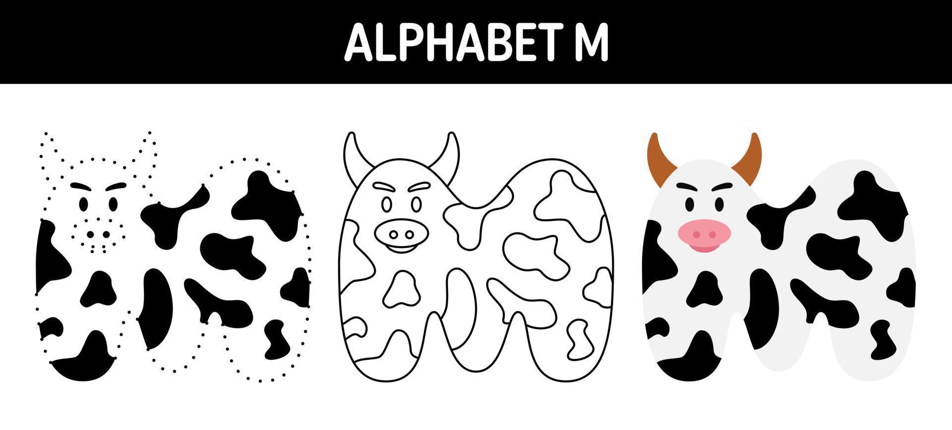 hoja de trabajo para colorear y trazar el alfabeto m para niños vector