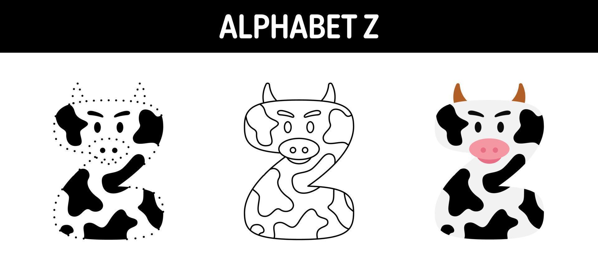 Alphabet Z tracing and coloring worksheet for kids vector