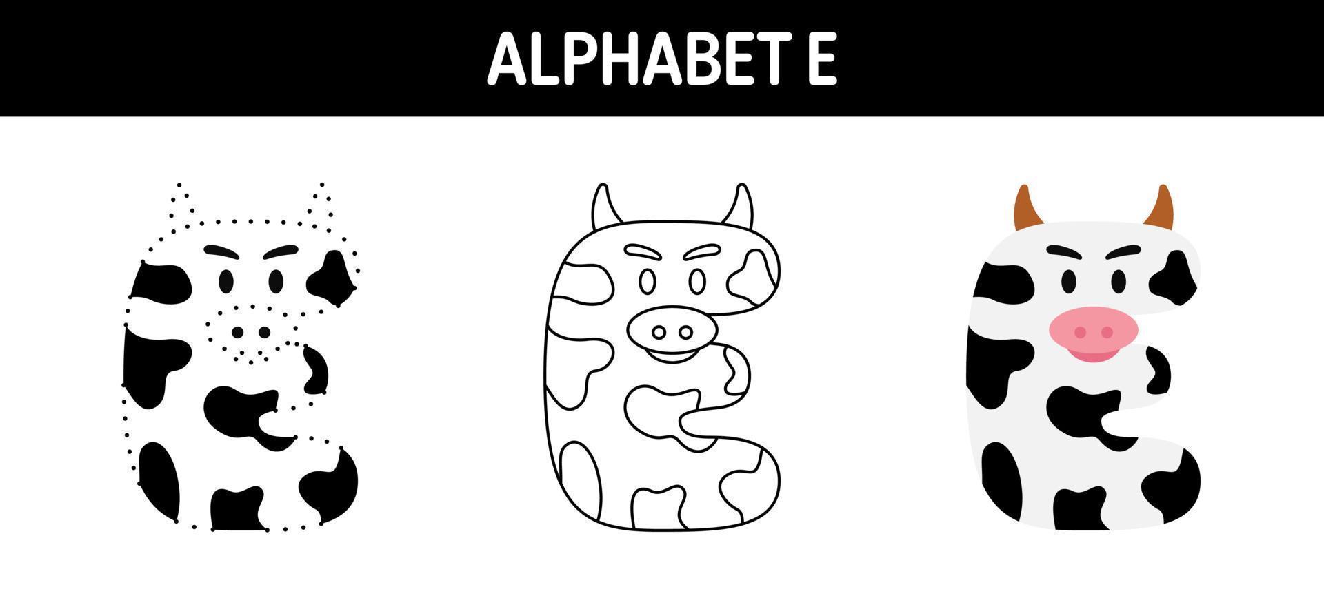 Alphabet E tracing and coloring worksheet for kids vector