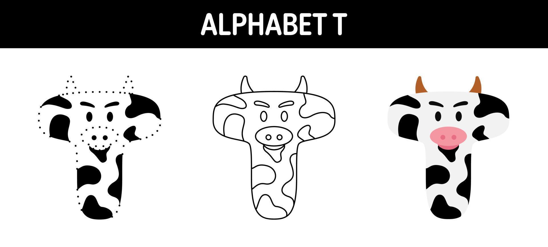 Alphabet T tracing and coloring worksheet for kids vector