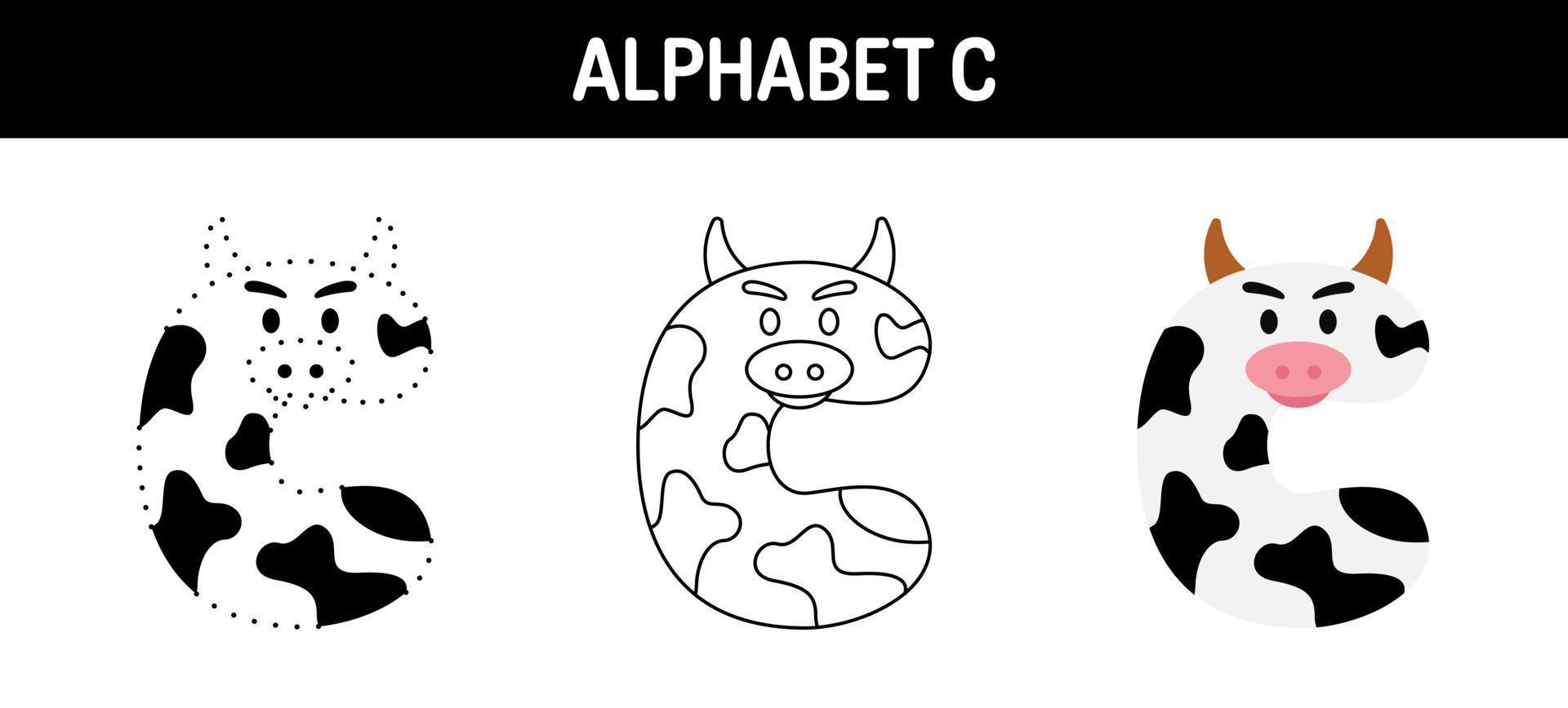 Alphabet C tracing and coloring worksheet for kids vector