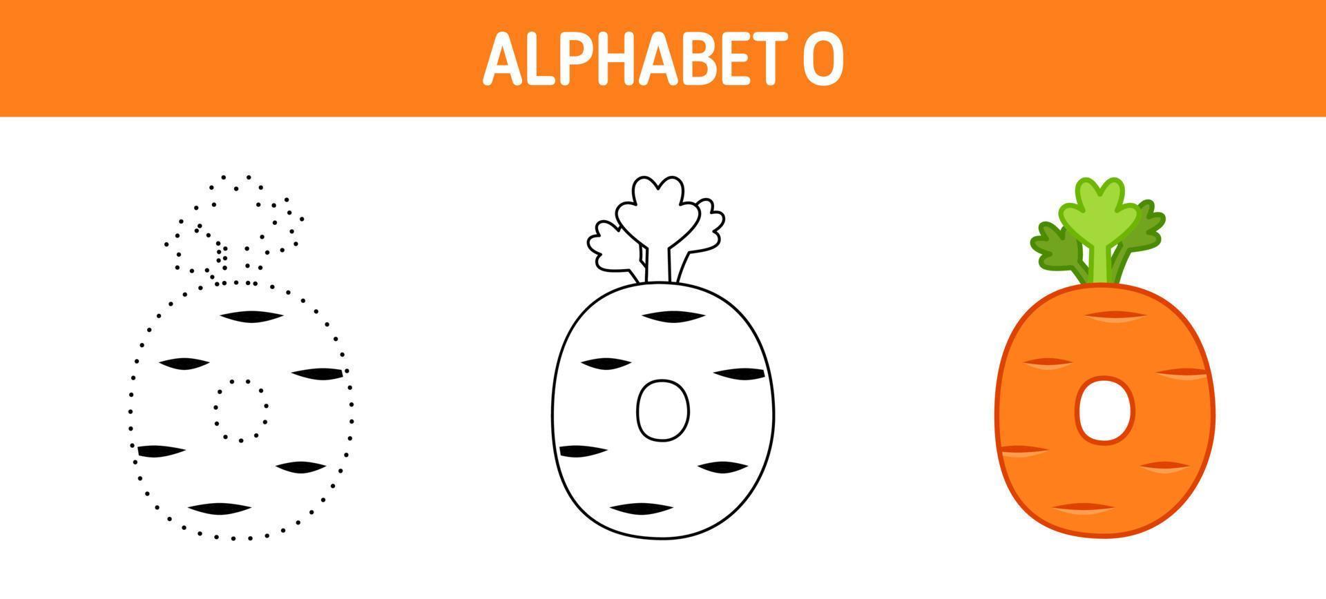 Alphabet O tracing and coloring worksheet for kids vector