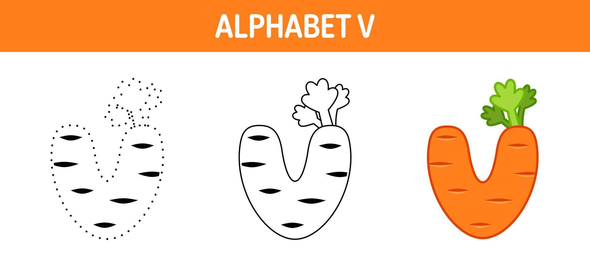 alfabeto v hoja de trabajo para rastrear y colorear para niños vector