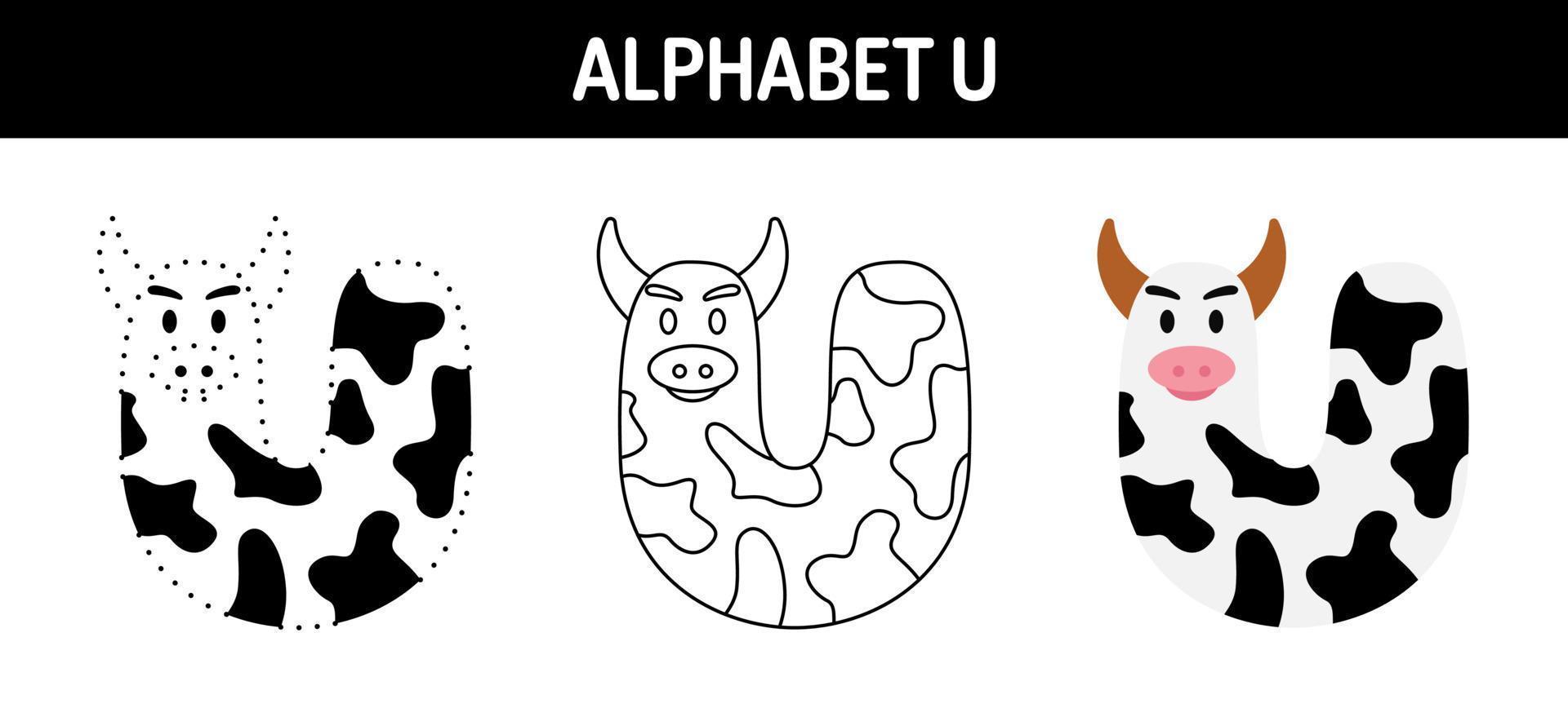 Alphabet U tracing and coloring worksheet for kids vector