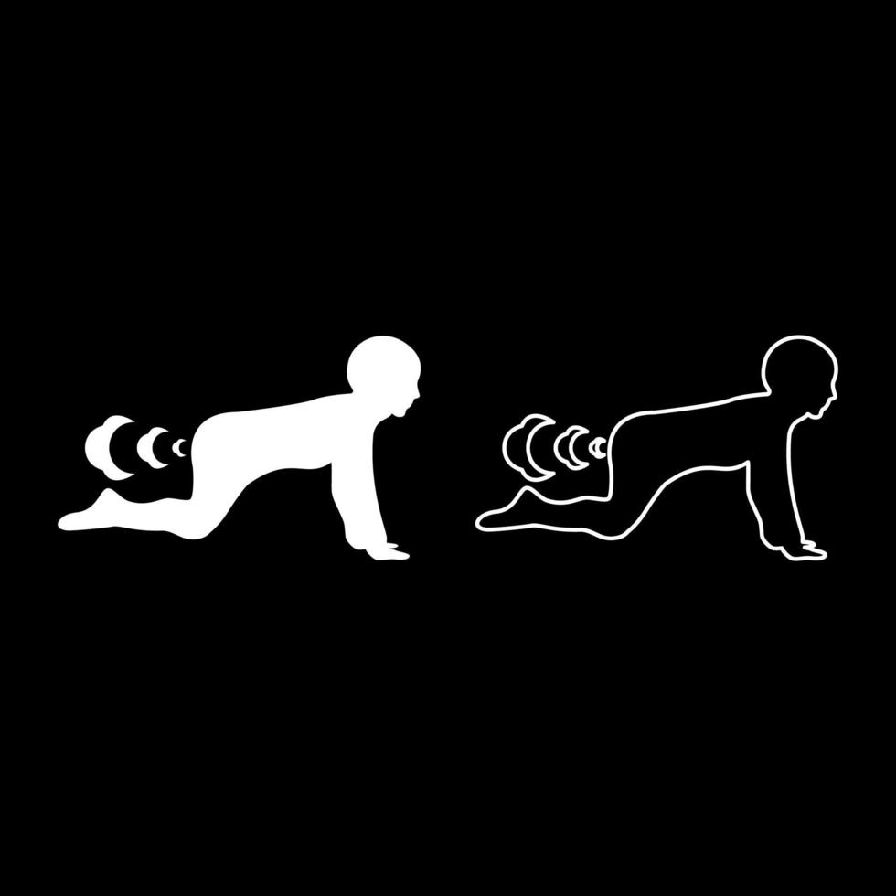 Child kid farts break wind farting bloating gas cloud stench bad smell flatulency set icon white color vector illustration image solid fill outline contour line thin flat style