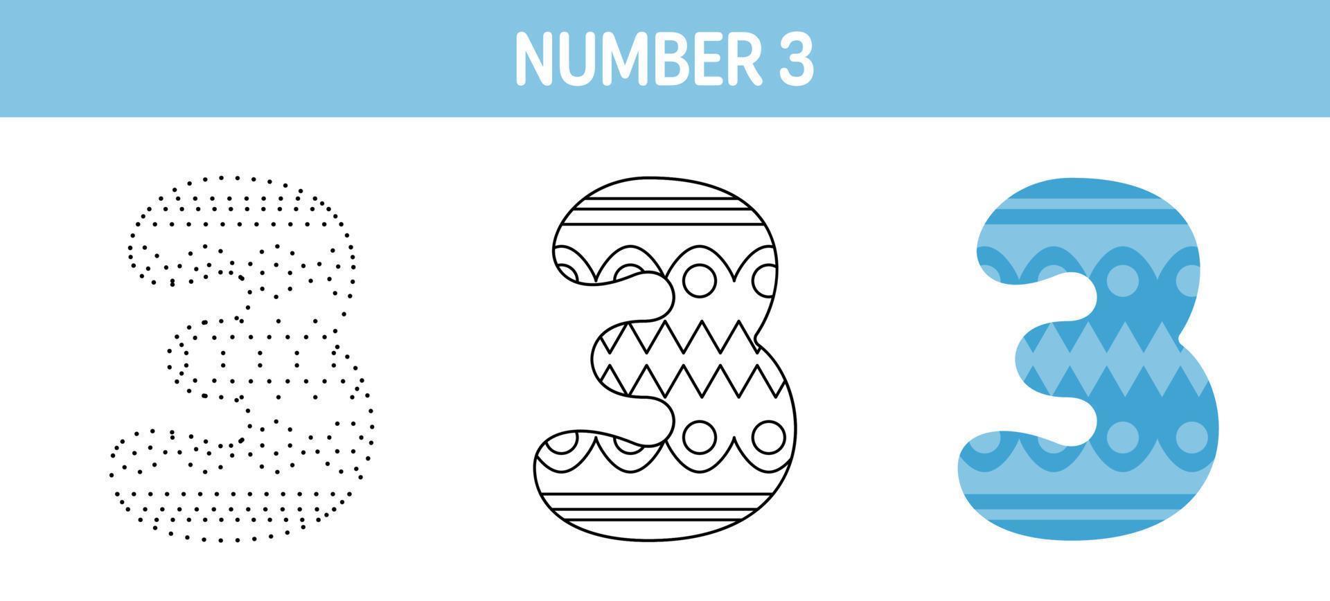 Number 3 tracing and coloring worksheet for kids vector