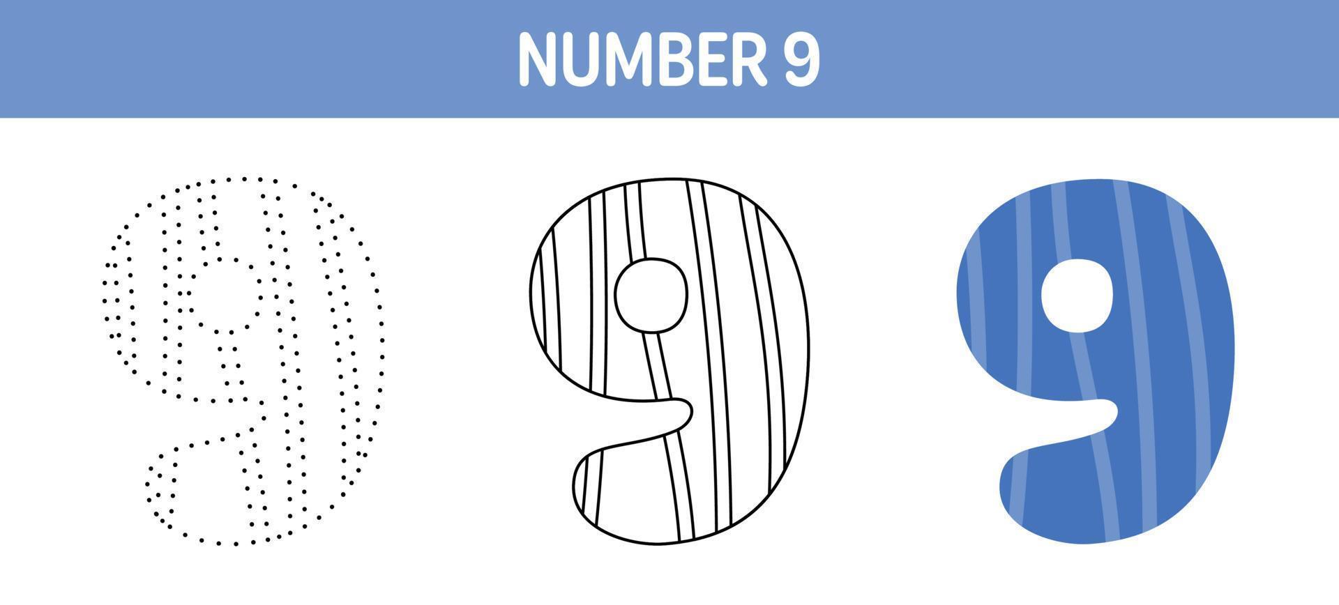 Number 9 tracing and coloring worksheet for kids vector