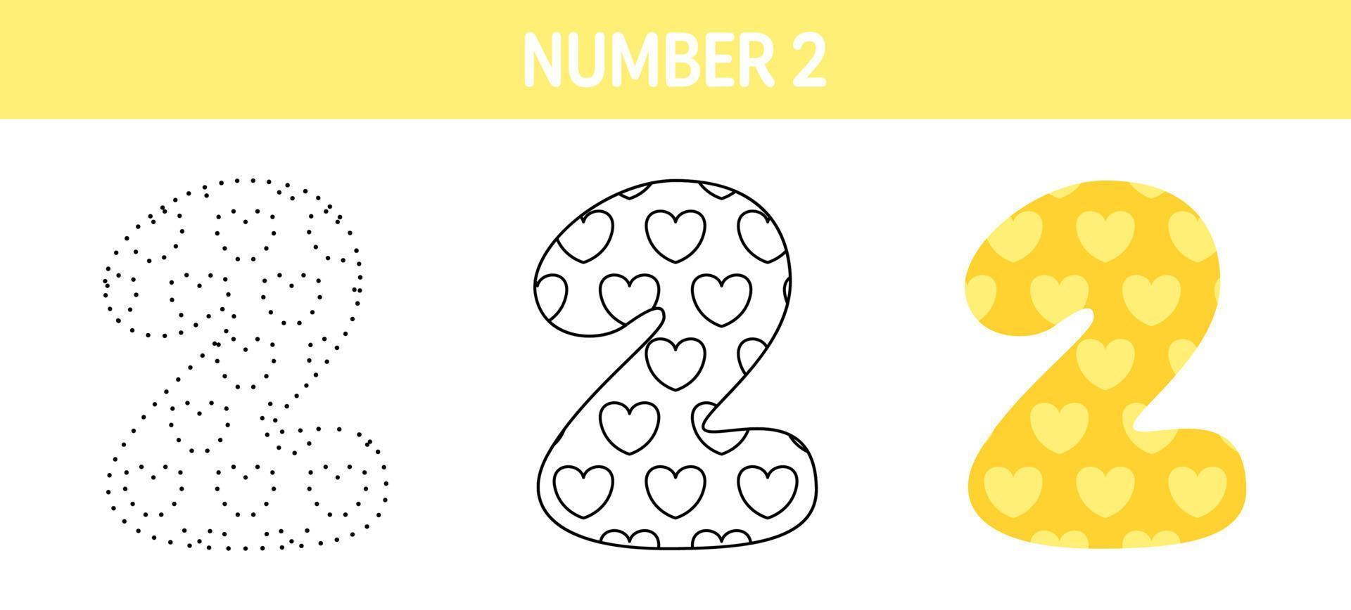 Number 2 tracing and coloring worksheet for kids vector