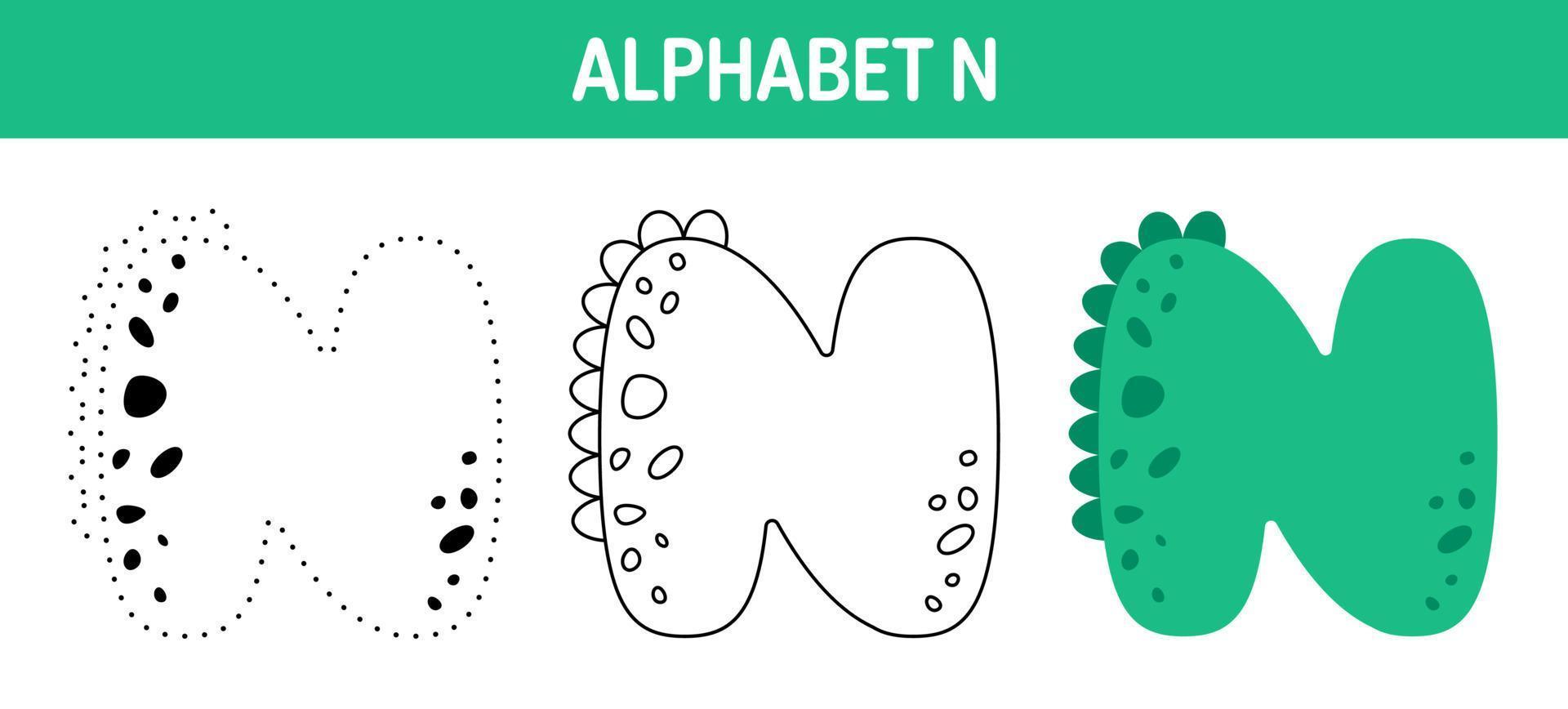 hoja de trabajo para colorear y trazar el alfabeto n para niños vector