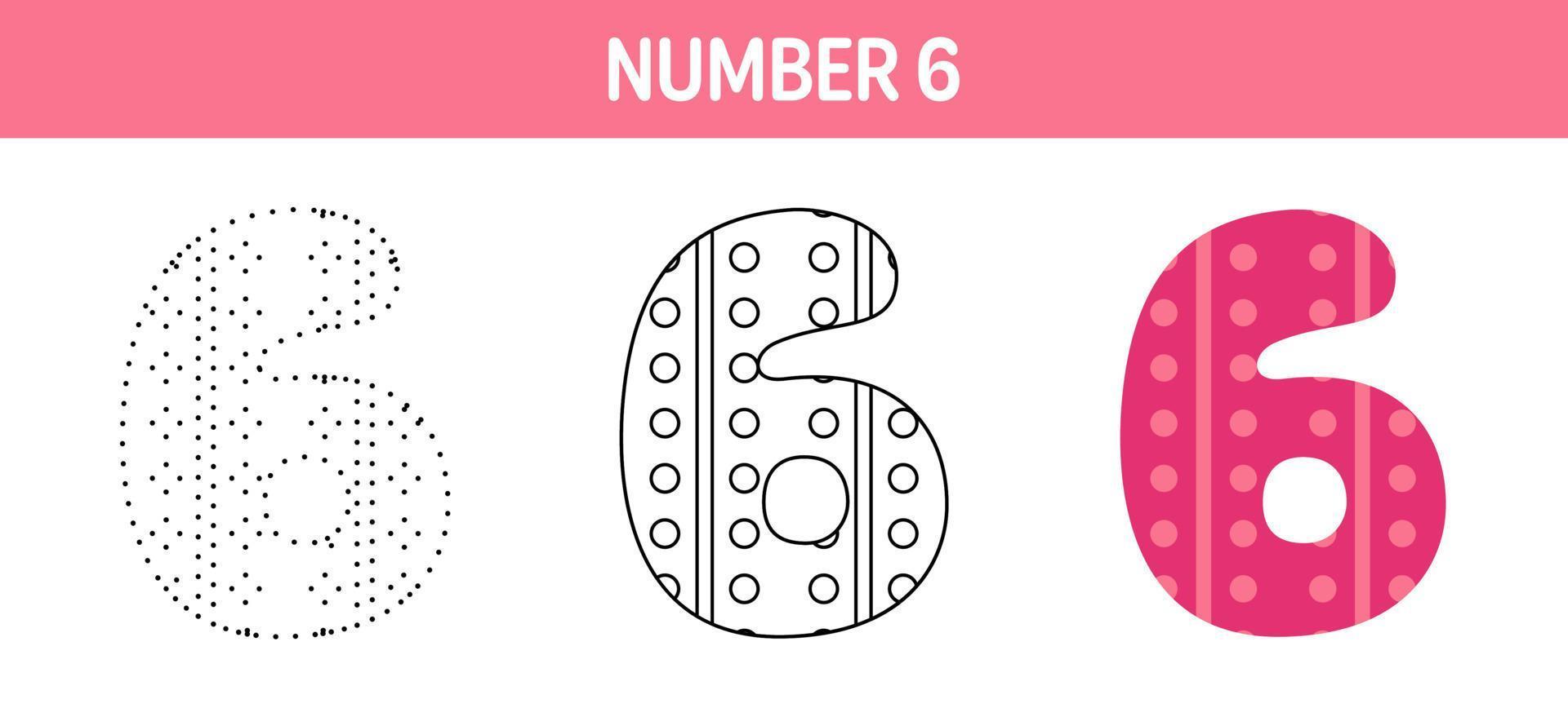 Number 6 tracing and coloring worksheet for kids vector