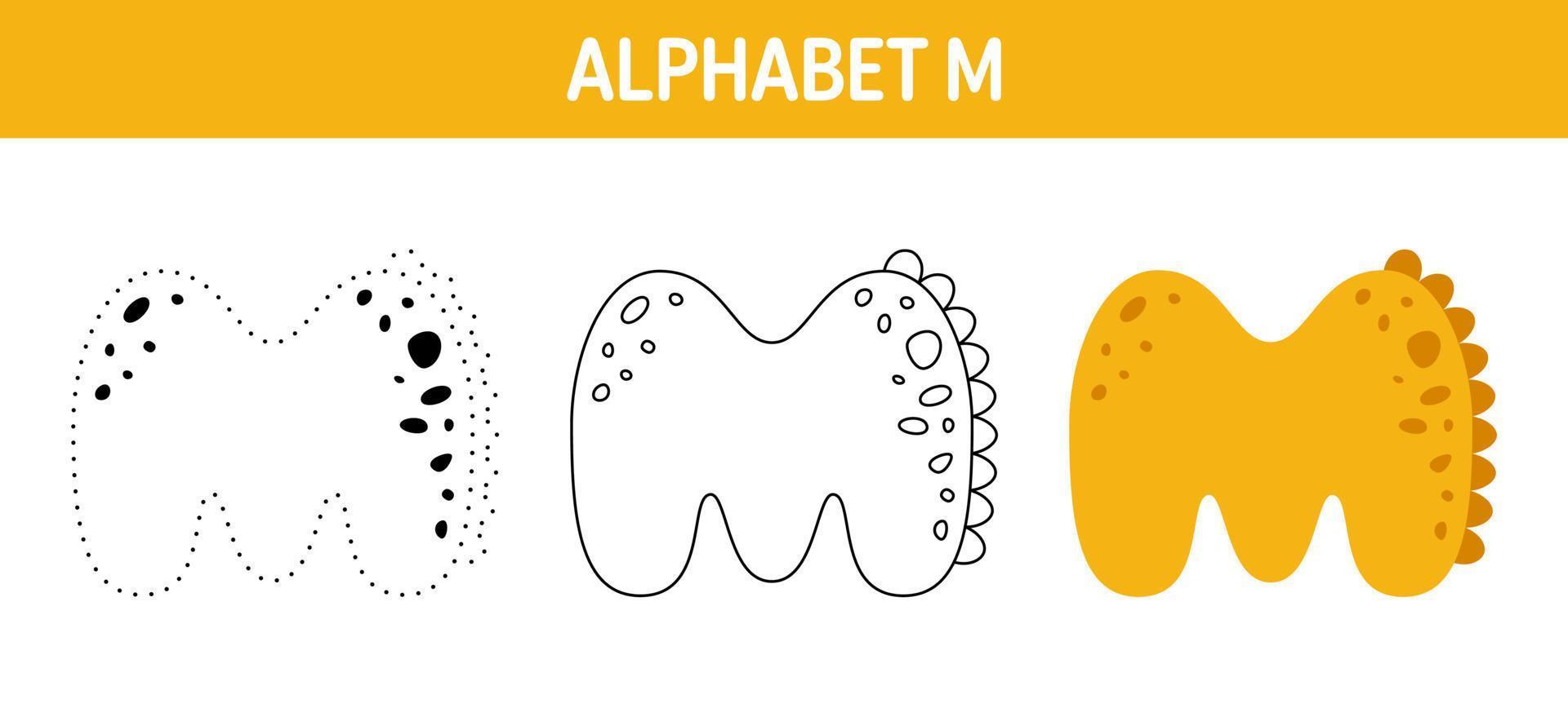 hoja de trabajo para colorear y trazar el alfabeto m para niños vector