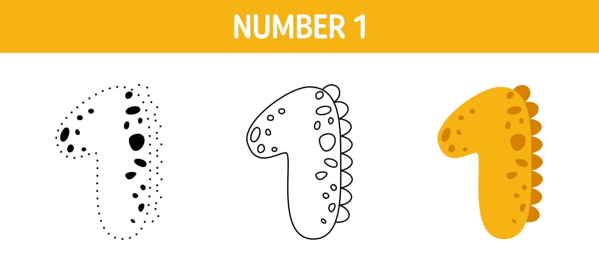 Number 1 tracing and coloring worksheet for kids vector