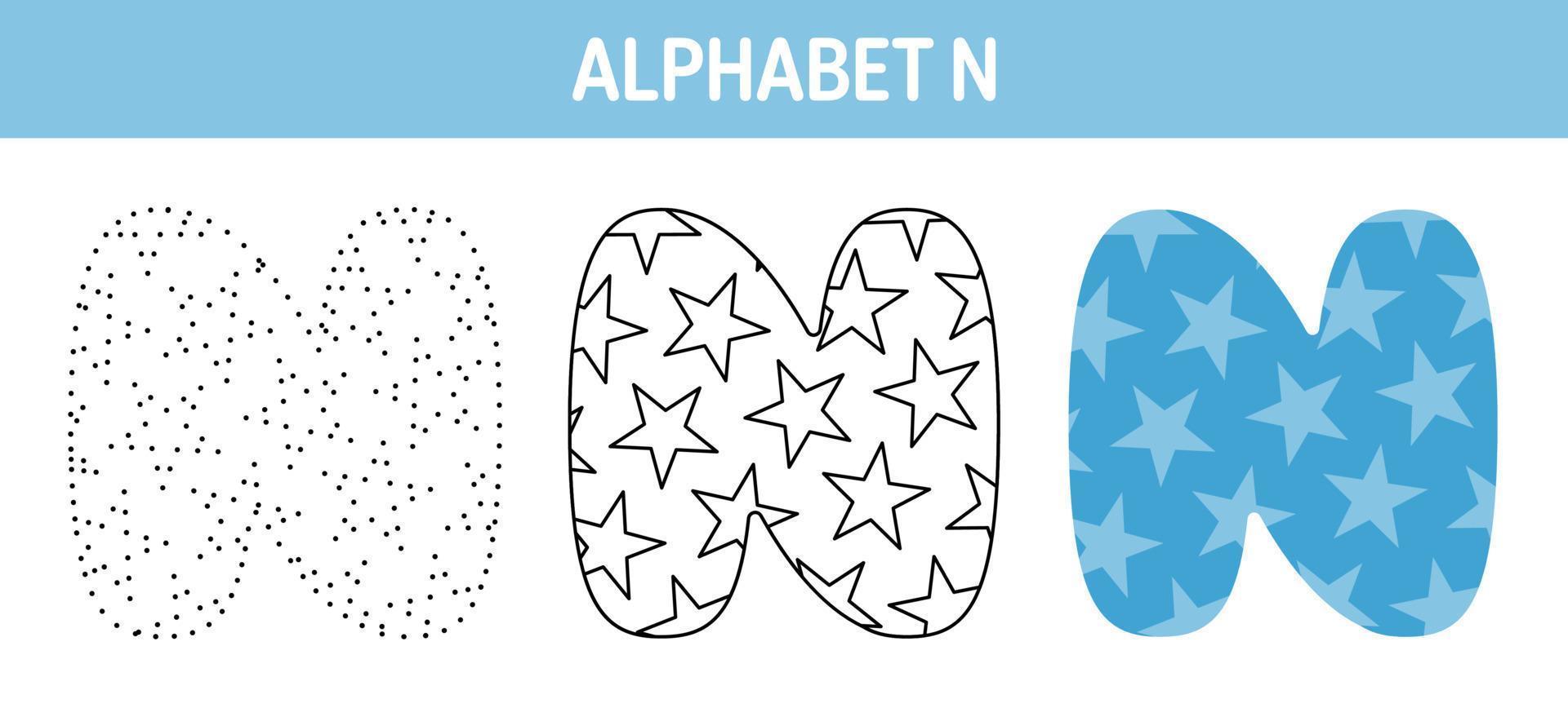 hoja de trabajo para colorear y trazar el alfabeto n para niños vector