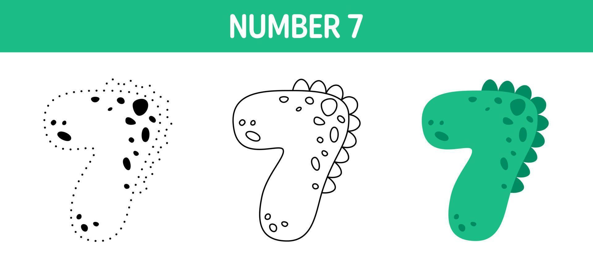 Number 7 tracing and coloring worksheet for kids vector