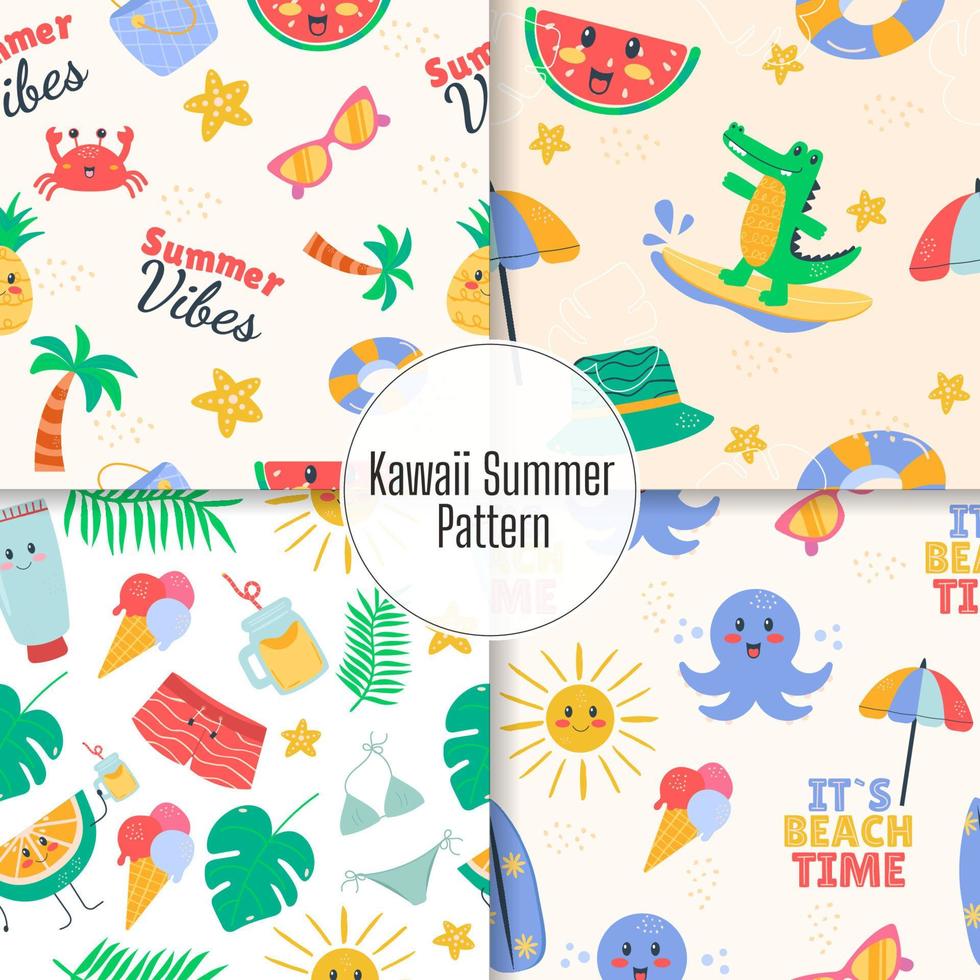 Summer pattern with kawaii animals vector