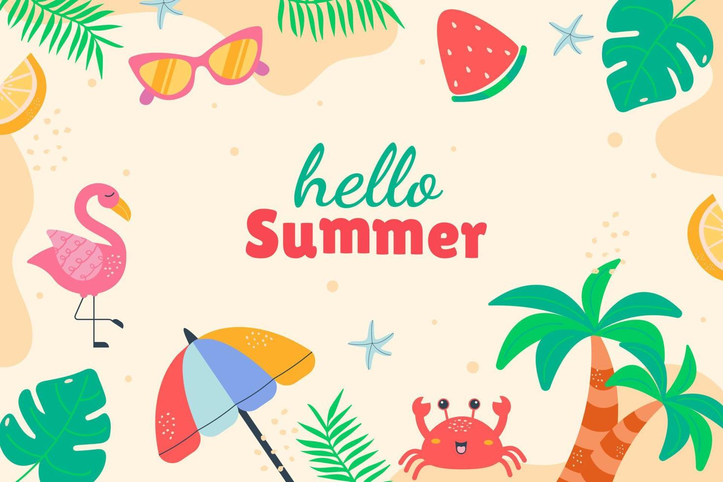 Flat hello summer background doodle style vector