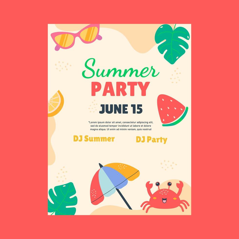 Flat summer party poster. Doodle style vector