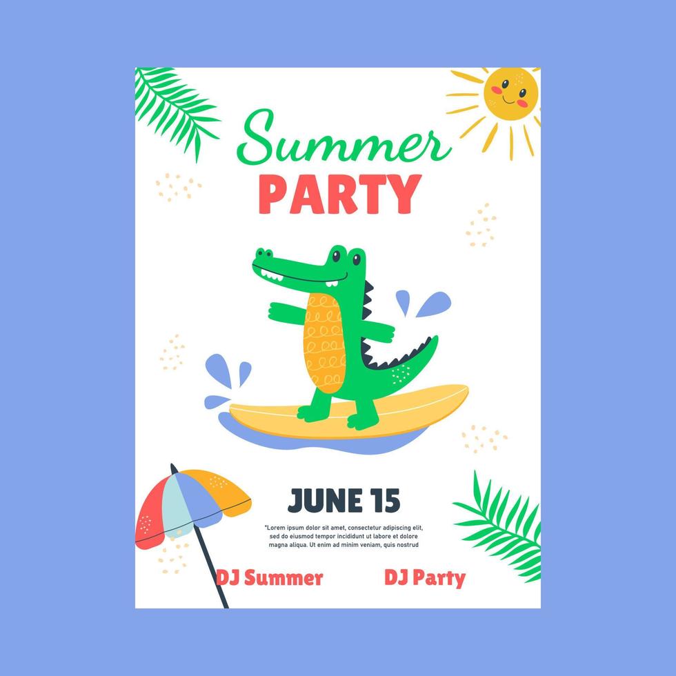 Flat summer party poster with crocodile vector