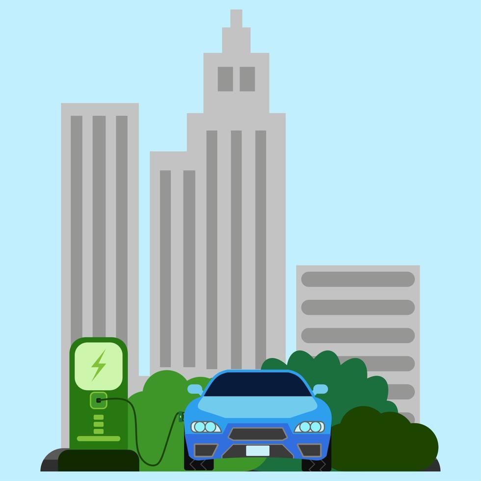 Electric vehicle vector illustration. Electric car at charging station. Technology transportation of electric vehicle in the city. Illustration of future technology for green energy and environment