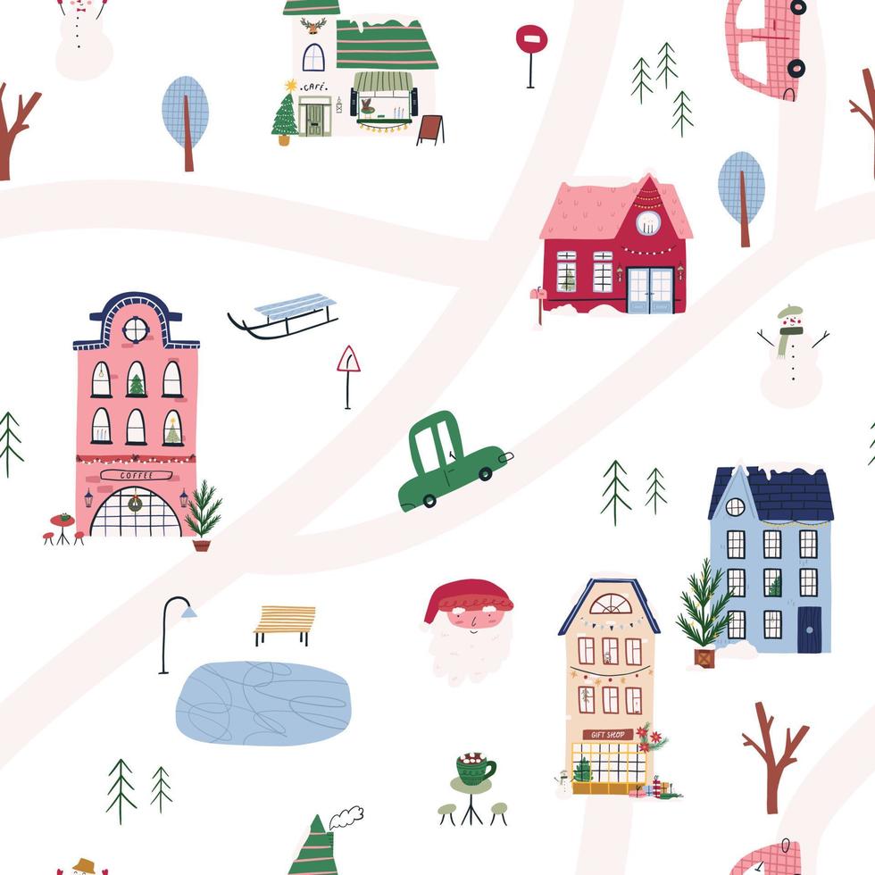 Cute seamless pattern with concept of winter holidays, cartoon flat vector illustration on white background. Small town map pattern with decorated houses, Christmas trrs, cars, roads and Santa Claus.