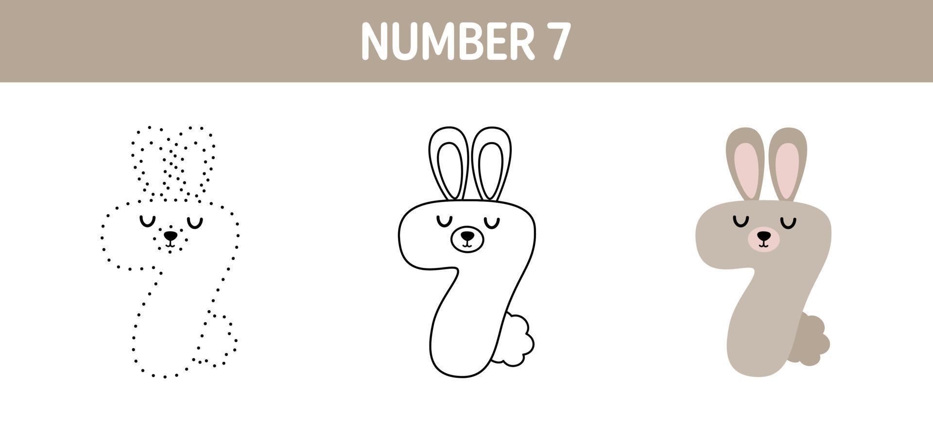hoja de trabajo para colorear y trazar el número 7 para niños vector
