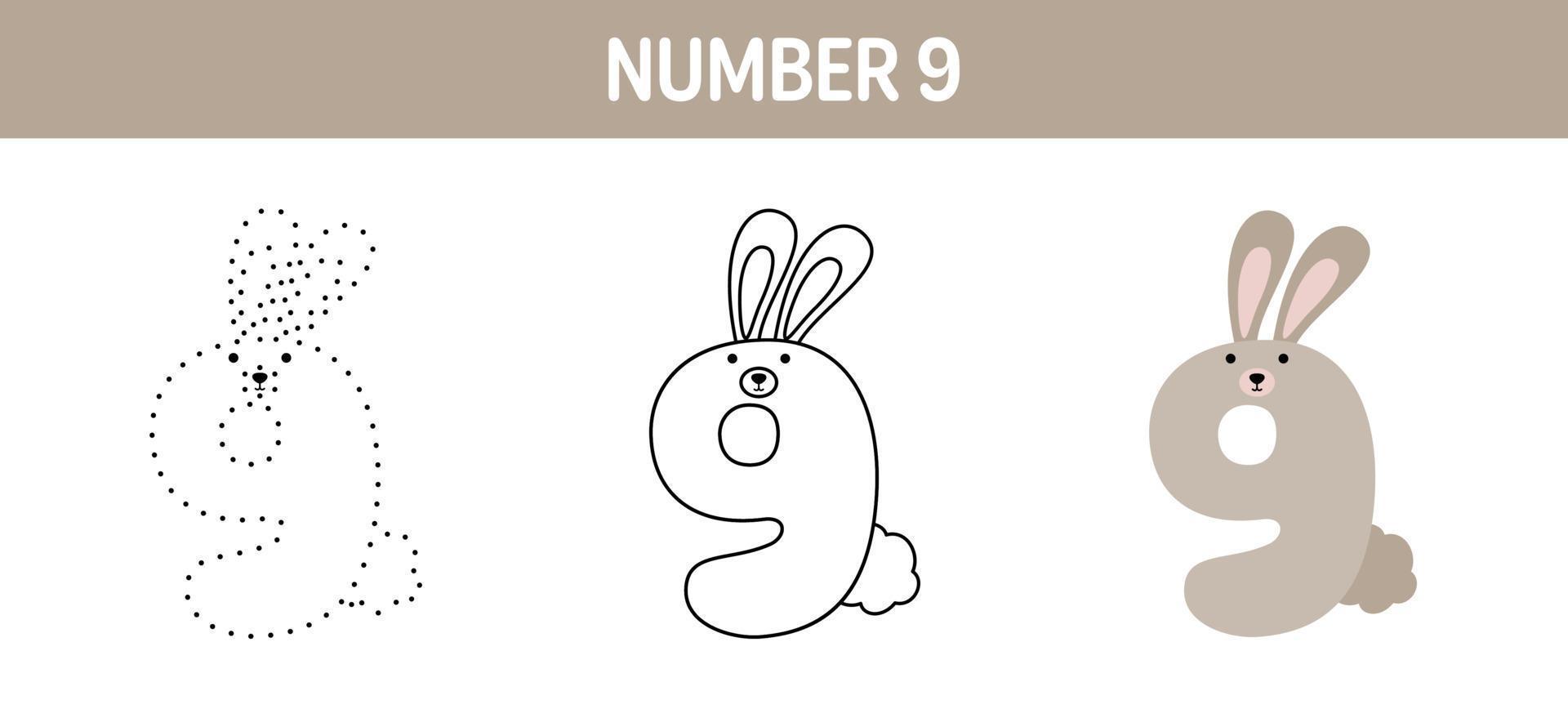 Number 9 tracing and coloring worksheet for kids vector