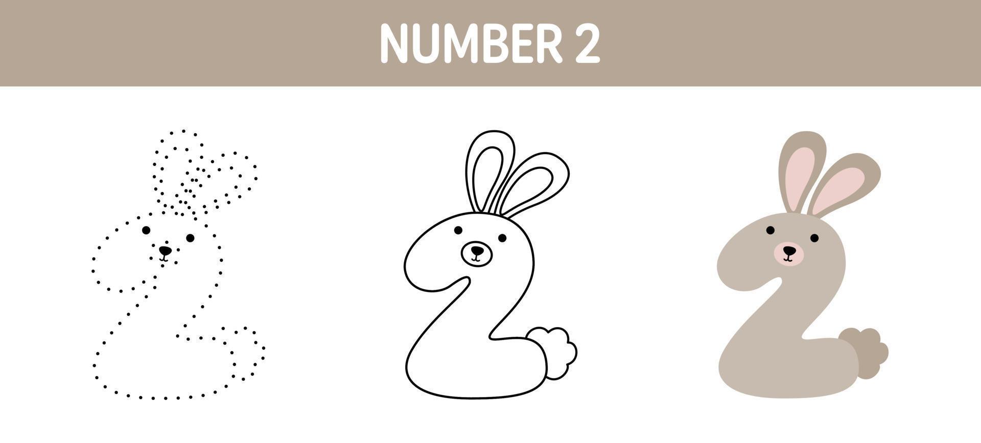 Number 2 tracing and coloring worksheet for kids vector