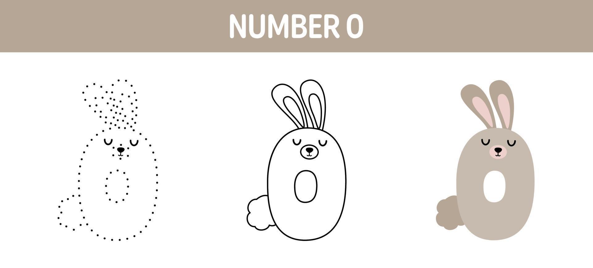 Number 0 tracing and coloring worksheet for kids vector