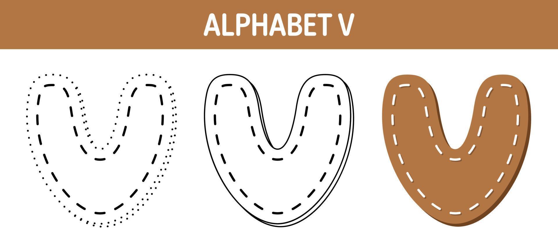 alfabeto v hoja de trabajo para rastrear y colorear para niños vector