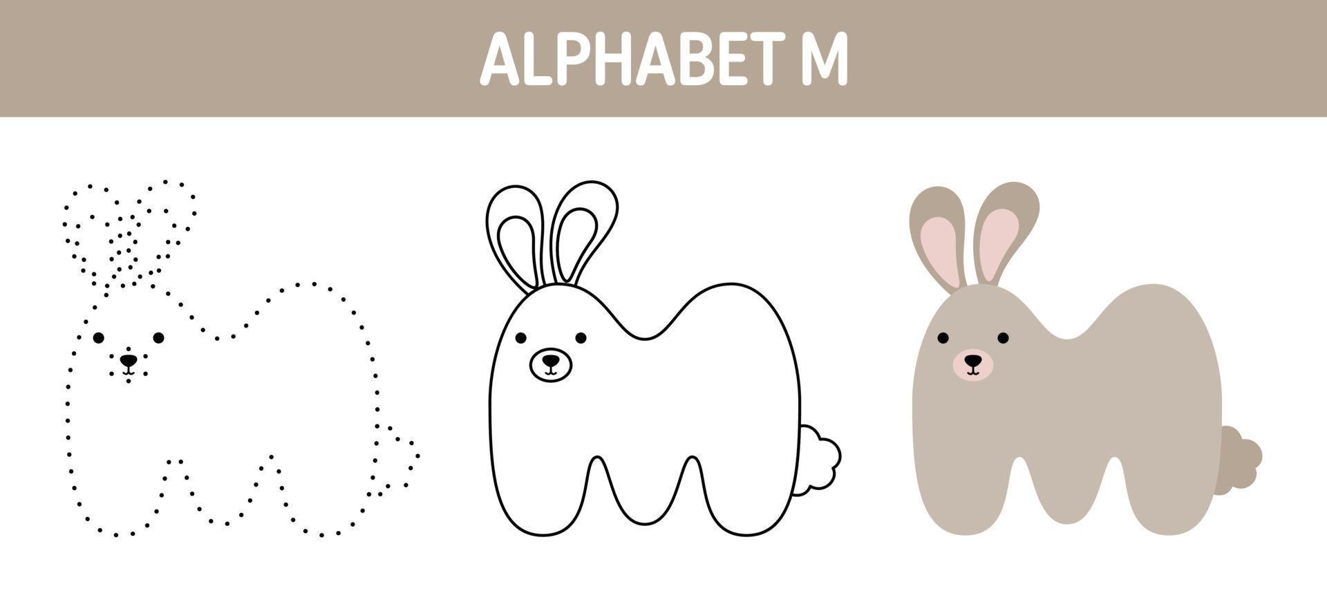 Alphabet M tracing and coloring worksheet for kids vector