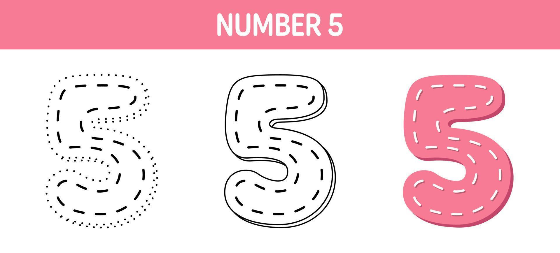 Number 5 tracing and coloring worksheet for kids vector