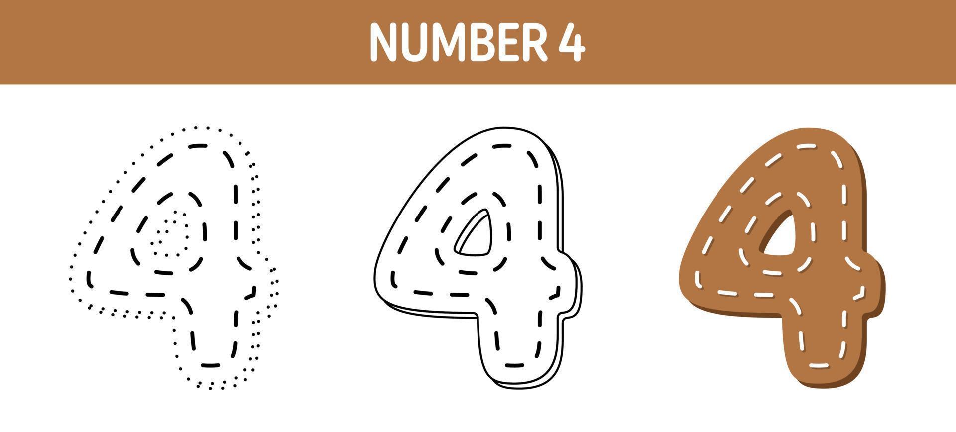 Number 4 tracing and coloring worksheet for kids vector