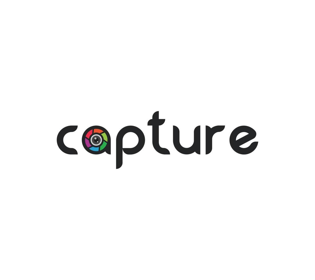 Camera text logo with capture, camera shutter, focus, flush, lens, photography logo. On white background, Vector illustration.