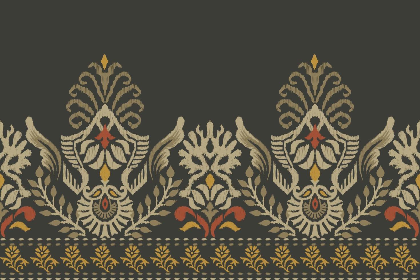 Ikat floral paisley embroidery on dark green background.Ikat ethnic oriental pattern traditional.Aztec style abstract vector illustration.design for texture,fabric,clothing,wrapping,decoration,sarong.