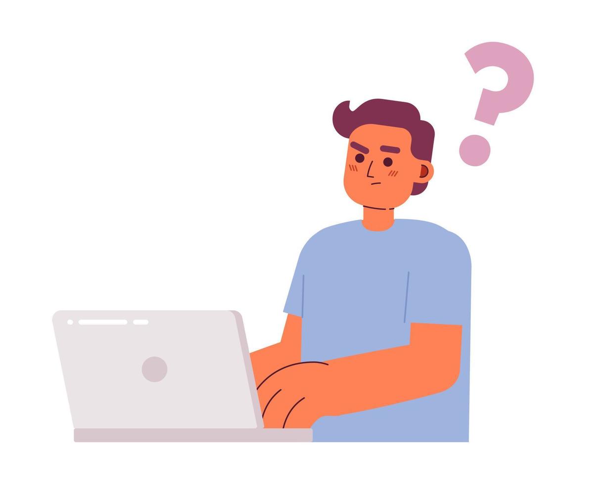 Confused male programmer with laptop semi flat color vector character. Editable figure. Full body person on white. Simple cartoon style spot illustration for web graphic design and animation