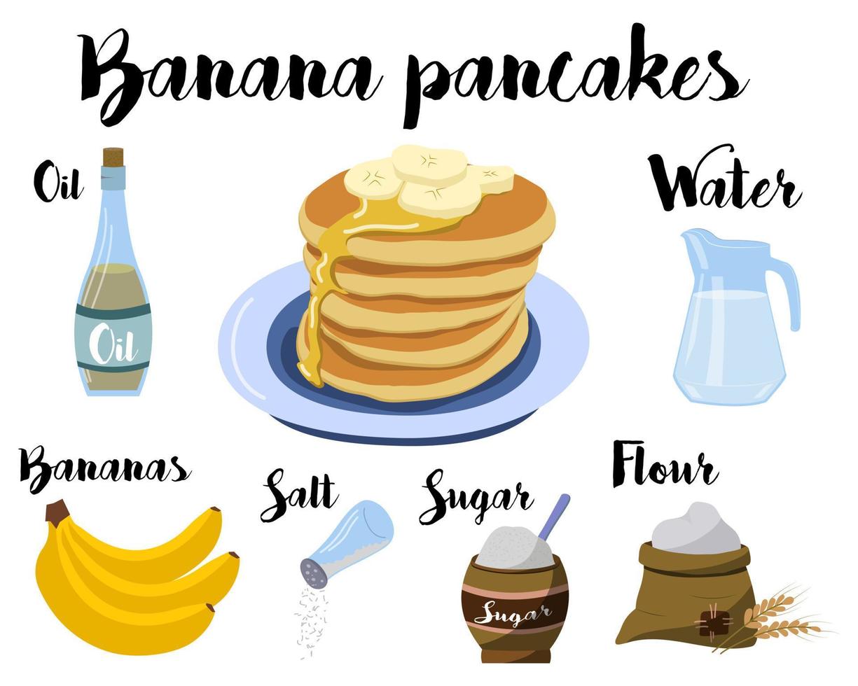 Kitchen poster with a recipe for cooking Banana pancakes. Recipe without eggs. Vector isolated on a white background