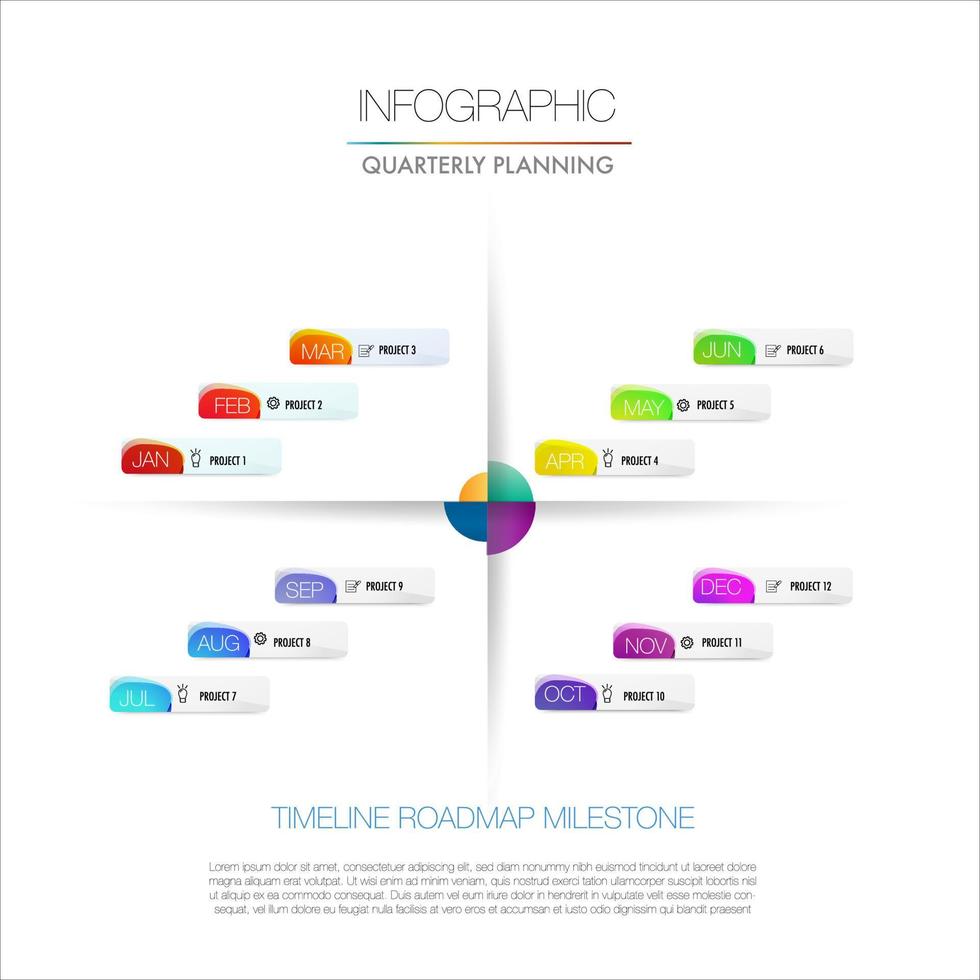 Yearly quarterly monthly planning chart for projects milestone template for presentation to help you easily identify which stage of project is currently diagram options, steps, parts vector