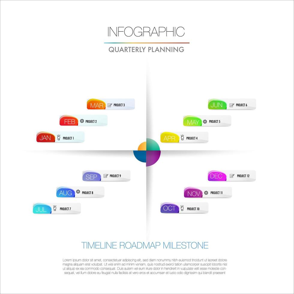 anual trimestral mensual planificación gráfico para proyectos hito modelo para presentación a ayuda usted fácilmente identificar cuales etapa de proyecto es actualmente diagrama opciones, pasos, partes vector