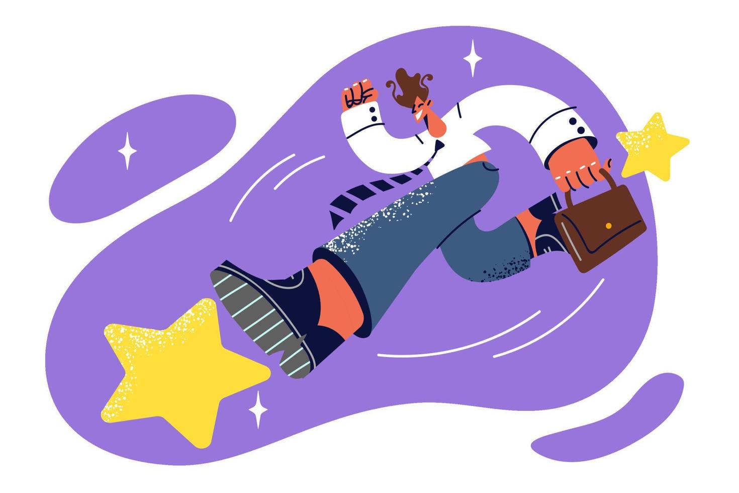 Successful man in business clothes runs among space stars symbolizing desire for professional growth. Businessman is in hurry to get new opportunities and achieve goals to increase company income vector