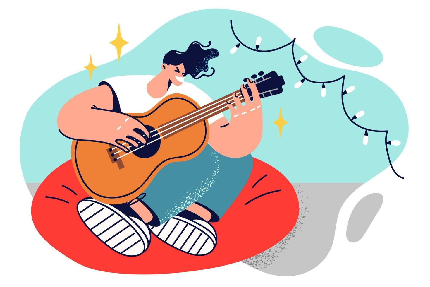 Man guitarist sits in chair with legs folded and plays guitar inventing own music and wishes to become professional singer. Guy learns to play guitar to surprise girl and dedicate serenade to her vector