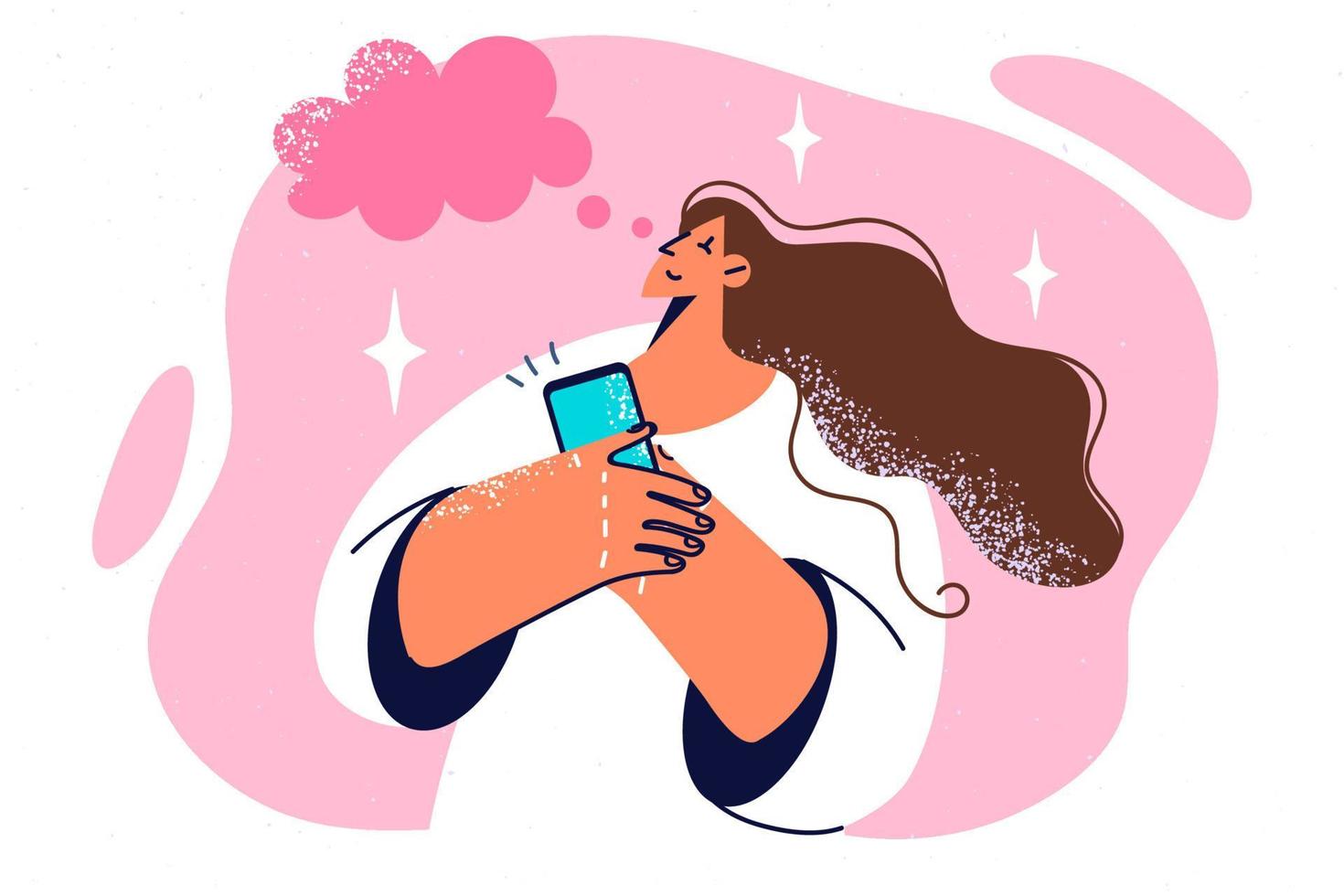 Woman presses phone to chest and dreams of imminent call from boyfriend who has gone on long vacation or on business trip. Girl with phone listening to voice message near dialog cloud vector