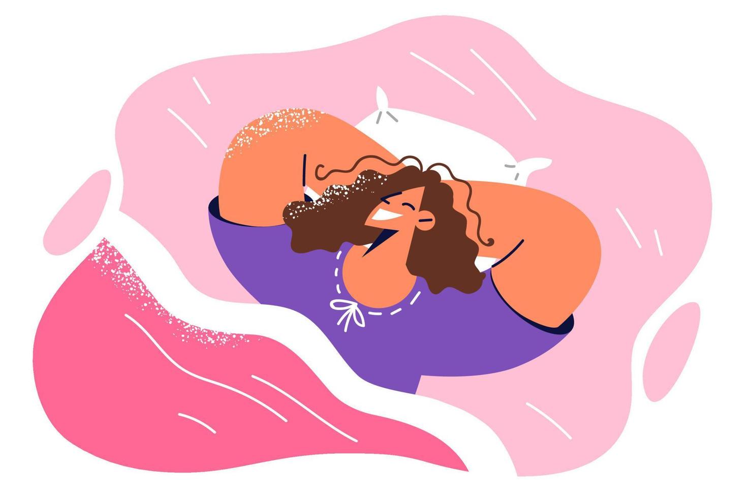 Sleeping woman smiles lying on bed under covers and having pleasant dream about summer trip with boyfriend. Sleeping girl sees good dreams while enjoying rest after hard day work vector