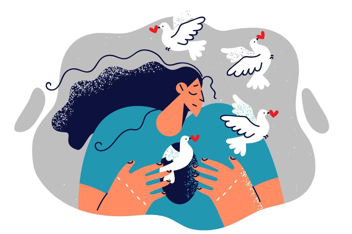 Woman with hole in body and flying doves symbolizes liberation from romantic addiction for psychological health. Concept psychological manipulation to avoid depressive disorder and mental emptiness vector