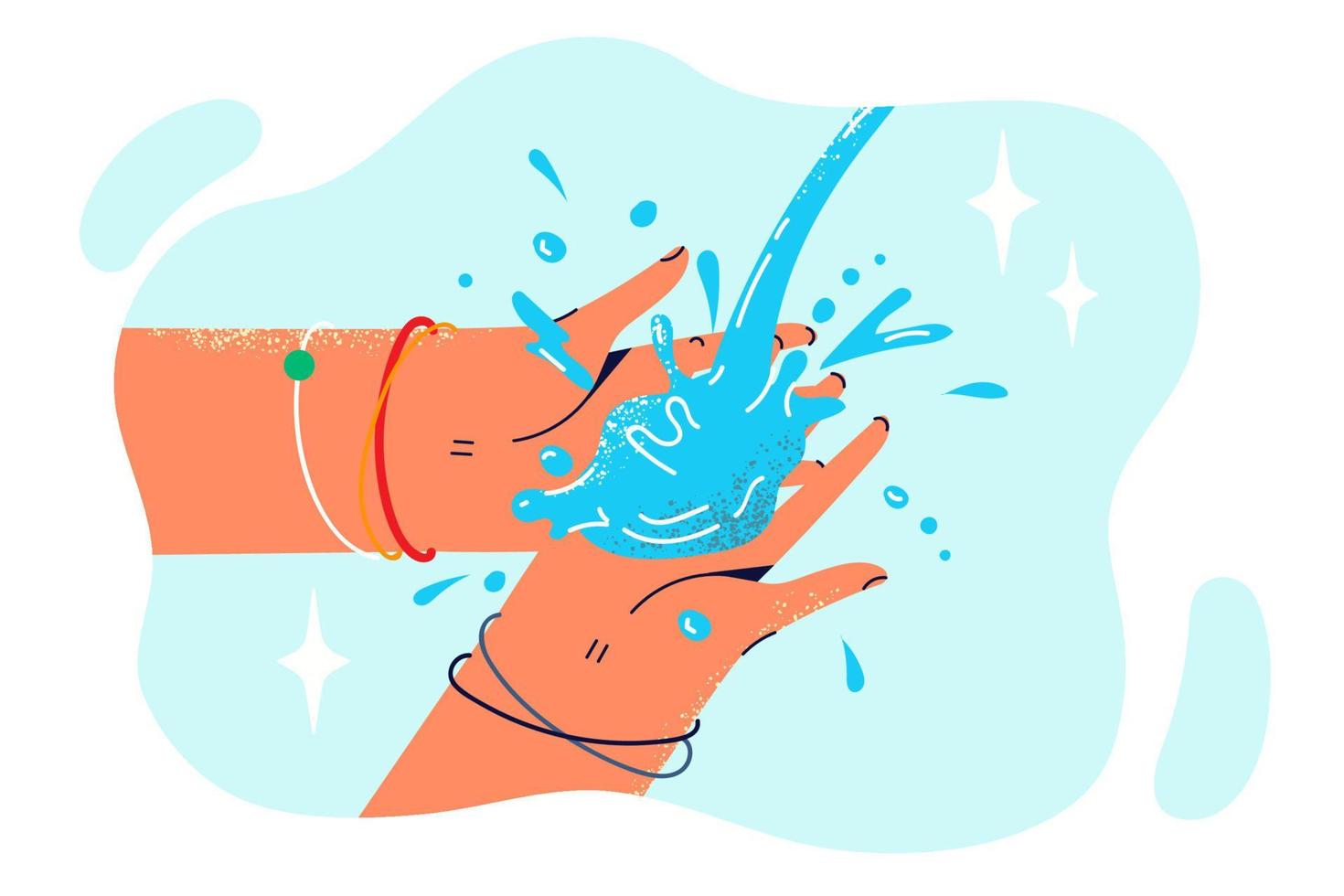 Close-up hand with jet of water in process of disinfection after walk to get rid of bacteria and germs. Man washes hands, observes rules of hygiene and disinfects surface of skin with running water vector